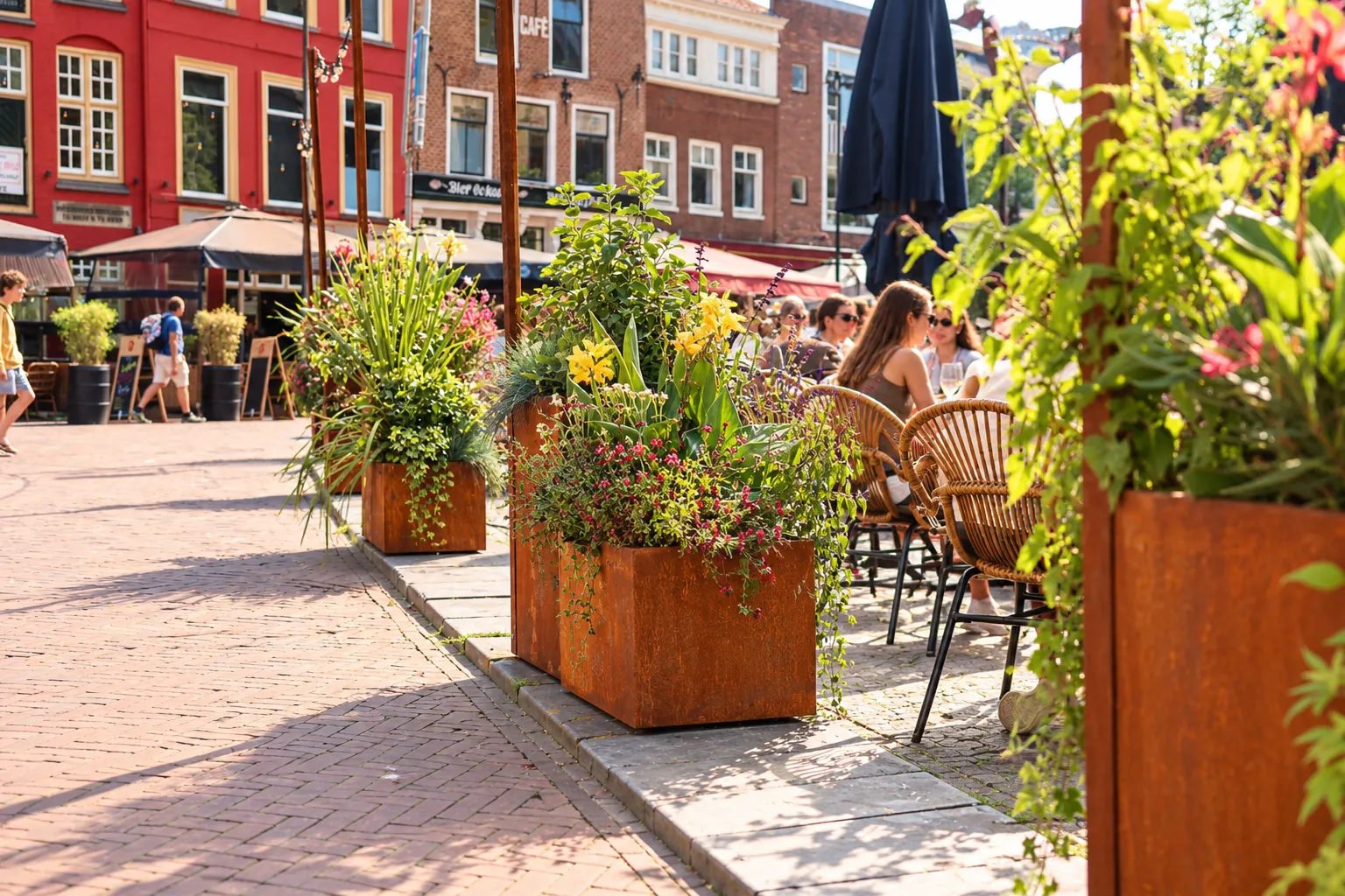 Terrassen op de Neude in Utrecht: cortenstalen plantenbakken in twee hoogtes met gele en rode bloeiers langs de rieten stoelen, met de gevels van het plein op de achtergrond