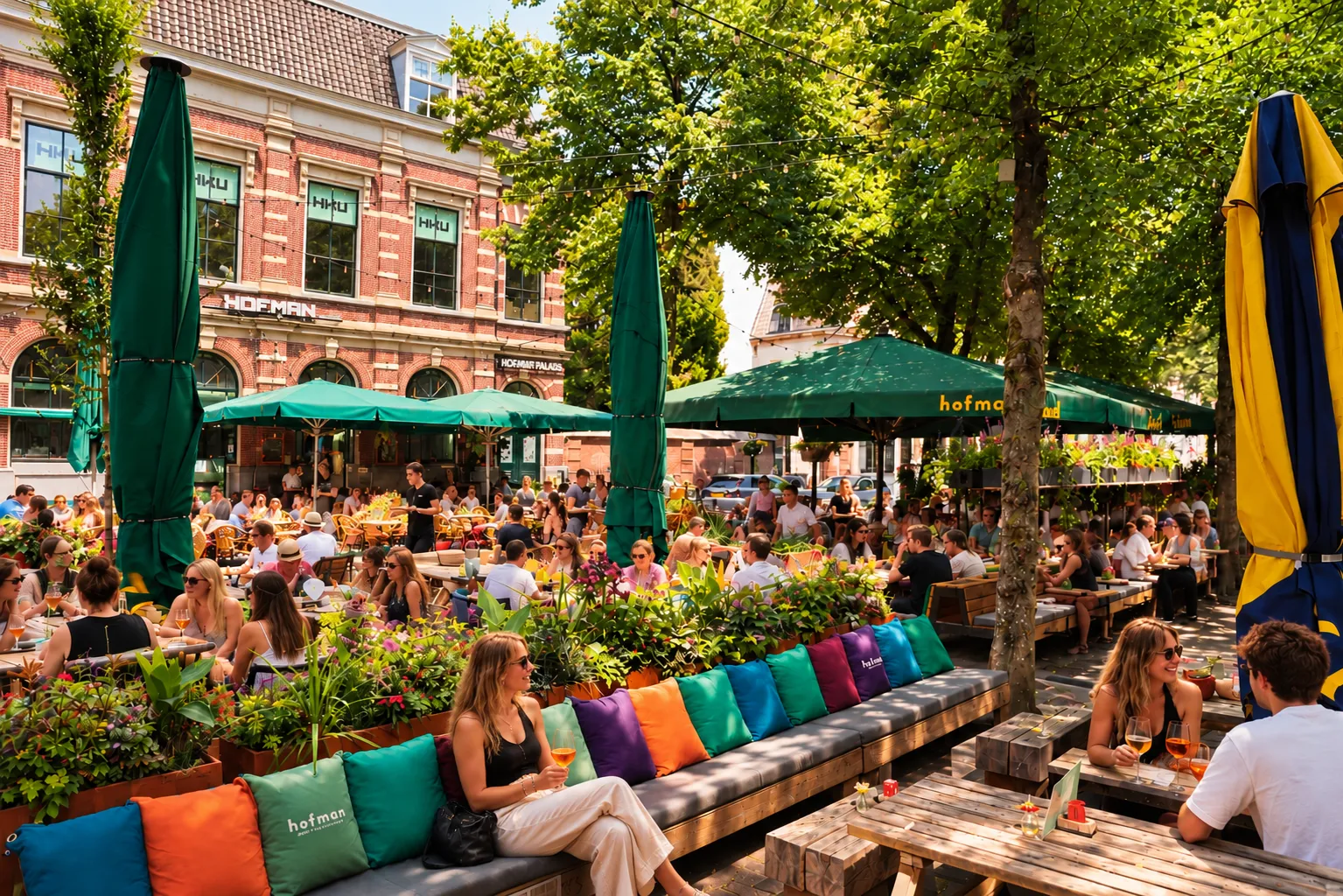 Druk Hofman-terras met bloeiende plantenbakken, parasols en kleurrijke kussens op houten banken