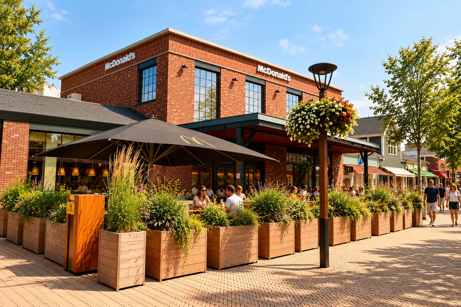 Rij houten plantenbakken met siergrassen langs het terras van McDonald's in een outletcentrum
