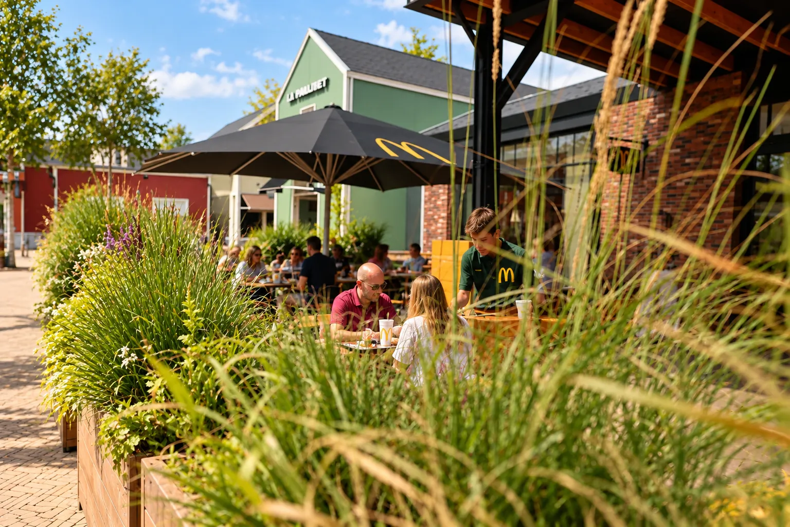 Siergrassen en bloeiers in hardhouten plantenbakken op de voorgrond, met gasten aan tafel onder een parasol met het McDonald's-logo