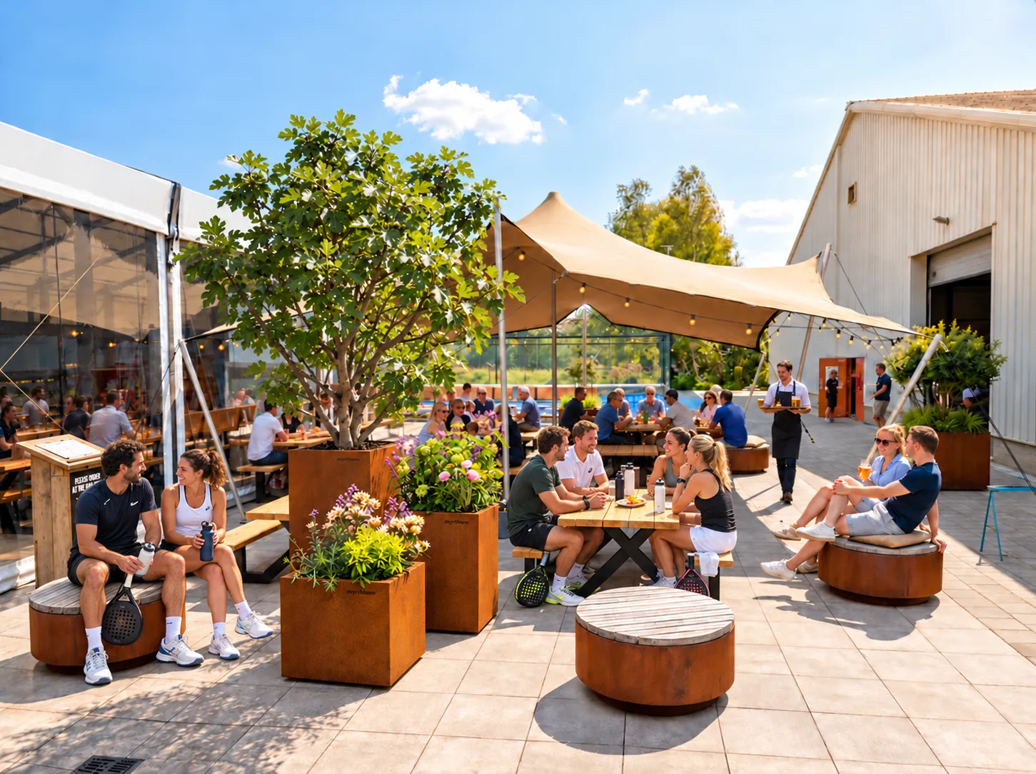 Padelclubterras met cortenstalen plantenbakken, boom en bloeiende vaste planten