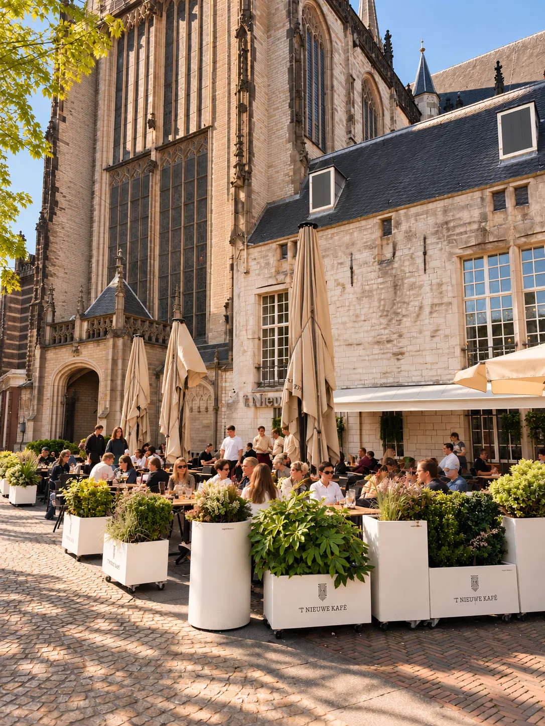 Terras van 't Nieuwe Kafé naast de Nieuwe Kerk met witte plantenbakken vol groen