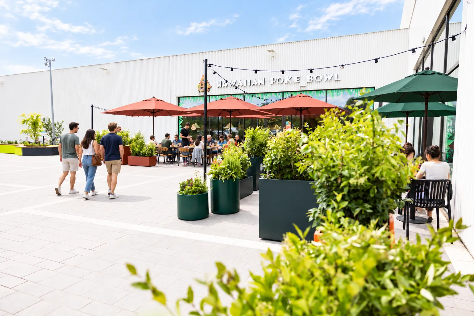 Terras bij Hawaiian Poke Bowl met groene plantenbakken en heesters tussen de tafels