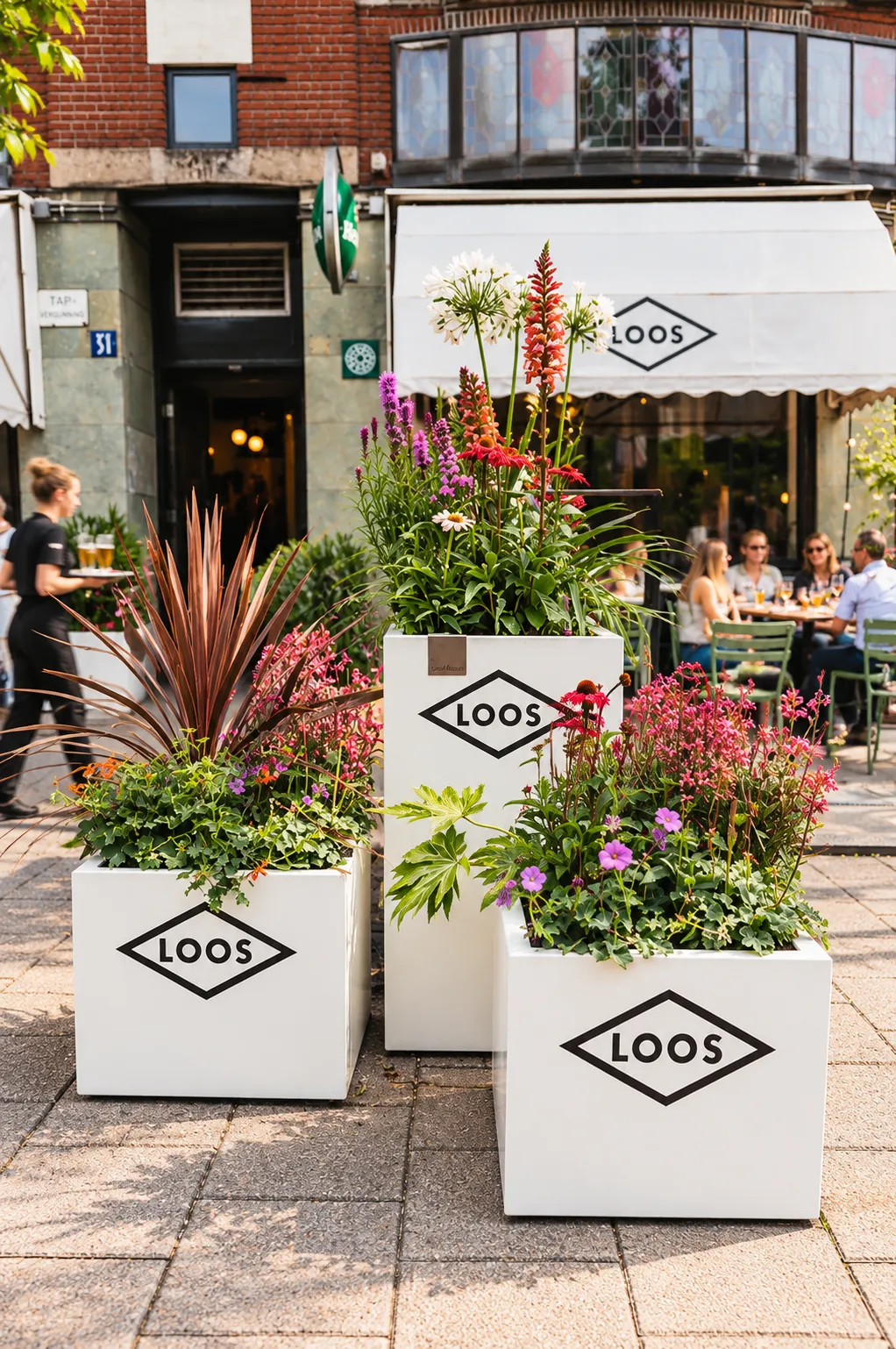 Drie witte plantenbakken van Loos met cordyline, ereprijs en zomerbloeiers bij de ingang