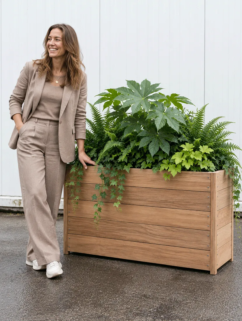 Vrouw naast houten rechthoekige plantenbak met vingerplant, varens en hangende klimop
