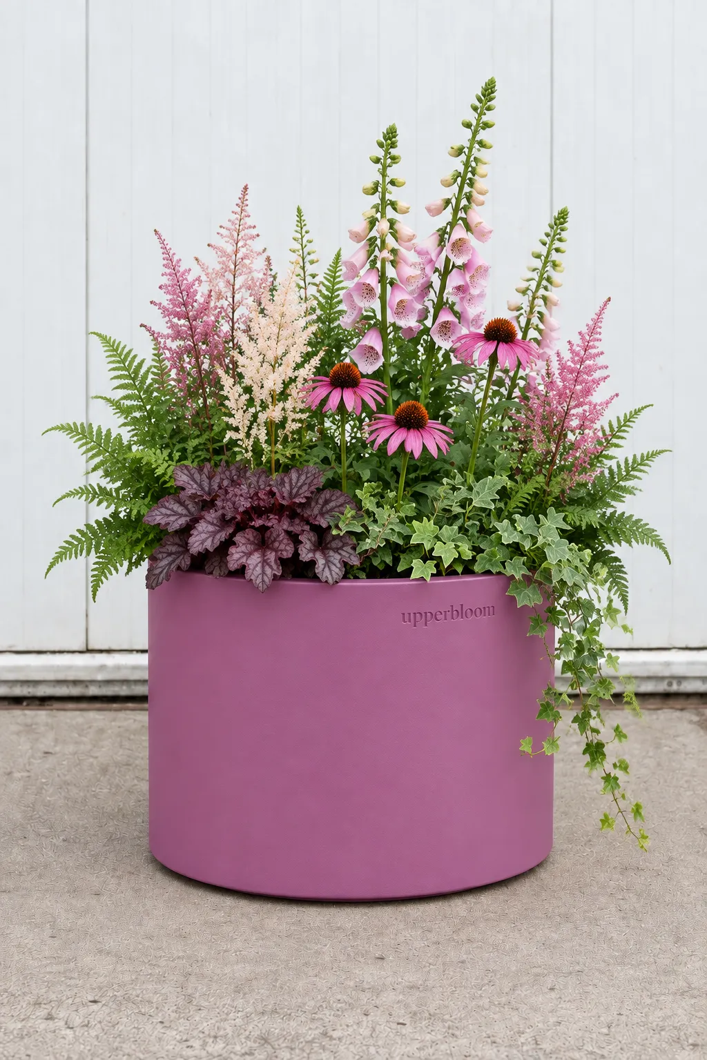 Roze ronde plantenbak met vingerhoedskruid, astilbe, echinacea, varens, heuchera en klimop