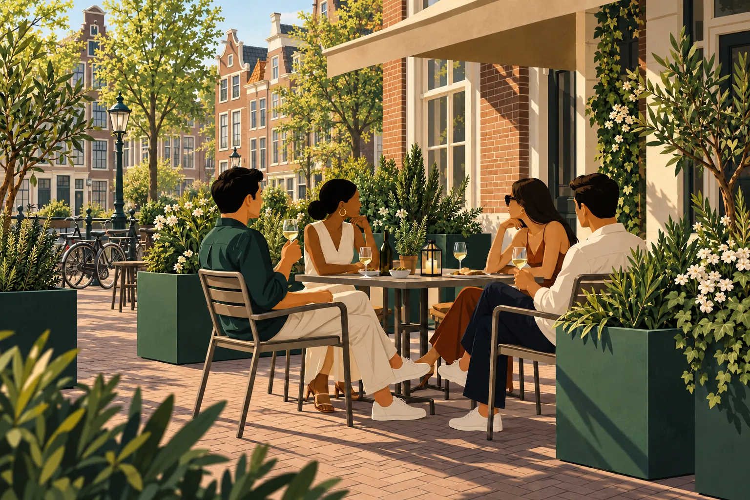 Gasten blijven hangen op een groen terras in avondlicht