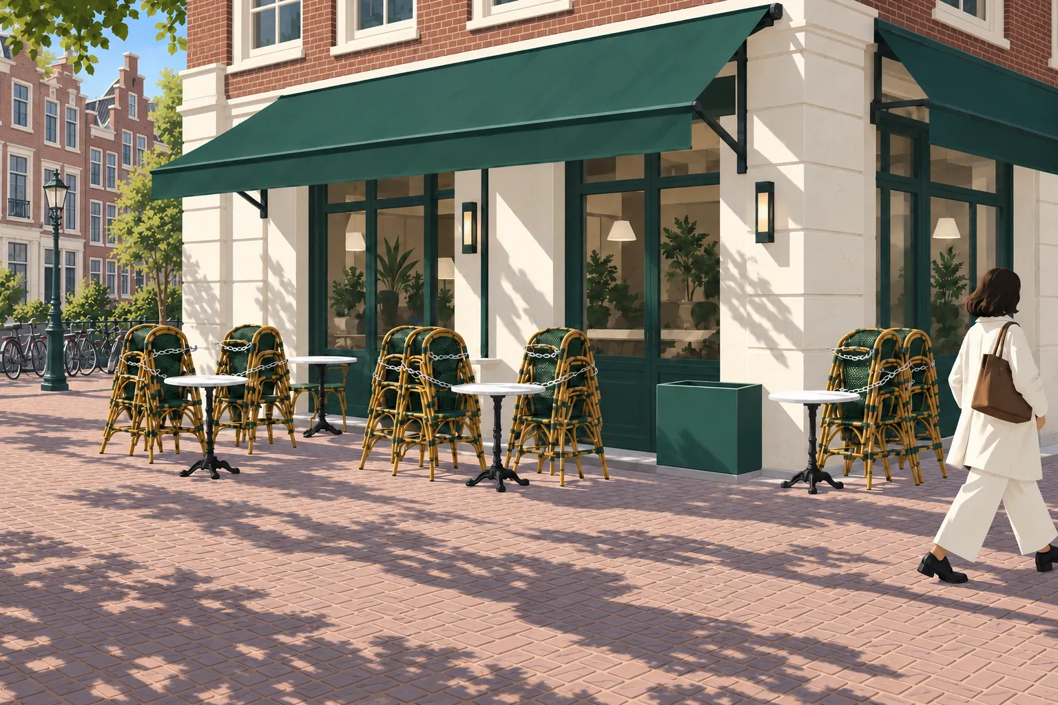 Leeg terras met gestapelde stoelen: Het Spookterras