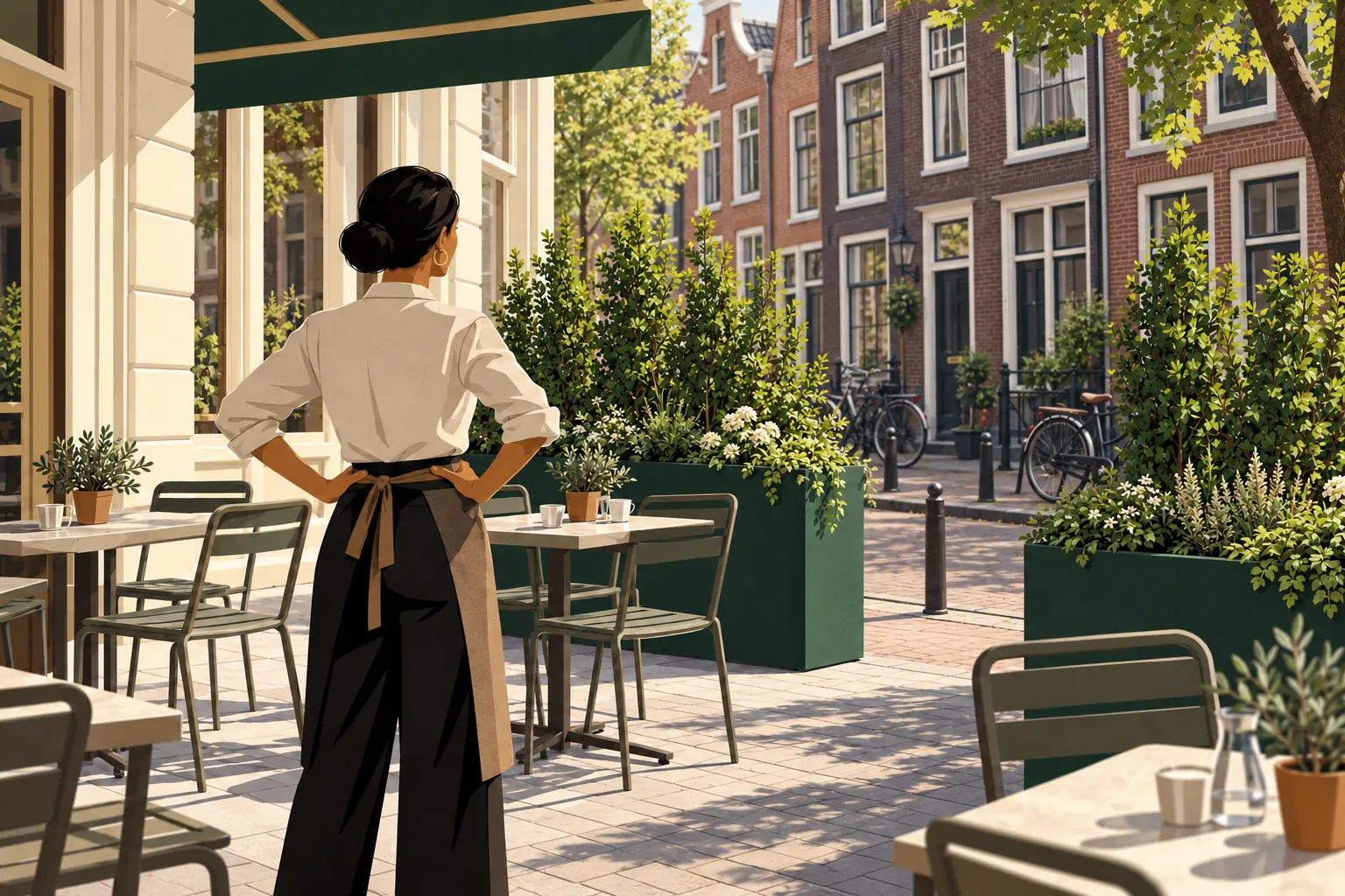 Horeca-ondernemer kijkt vanaf haar terras de straat in