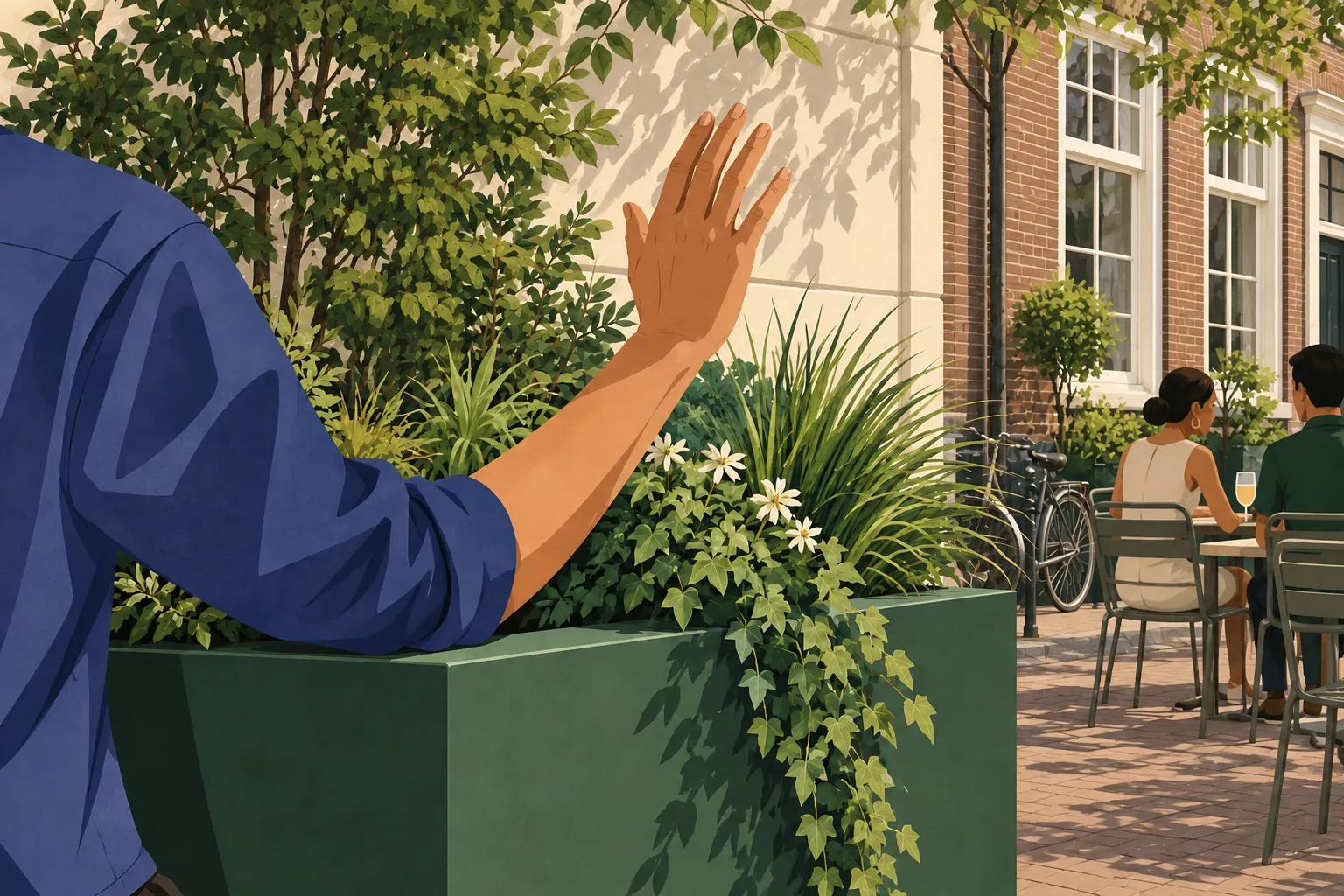 Hand zwaait boven een groene plantenbak