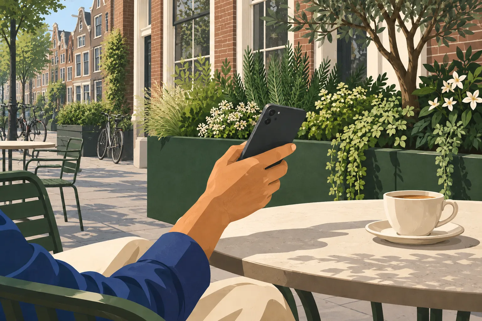 Hand met telefoon naast een kop koffie op het terras