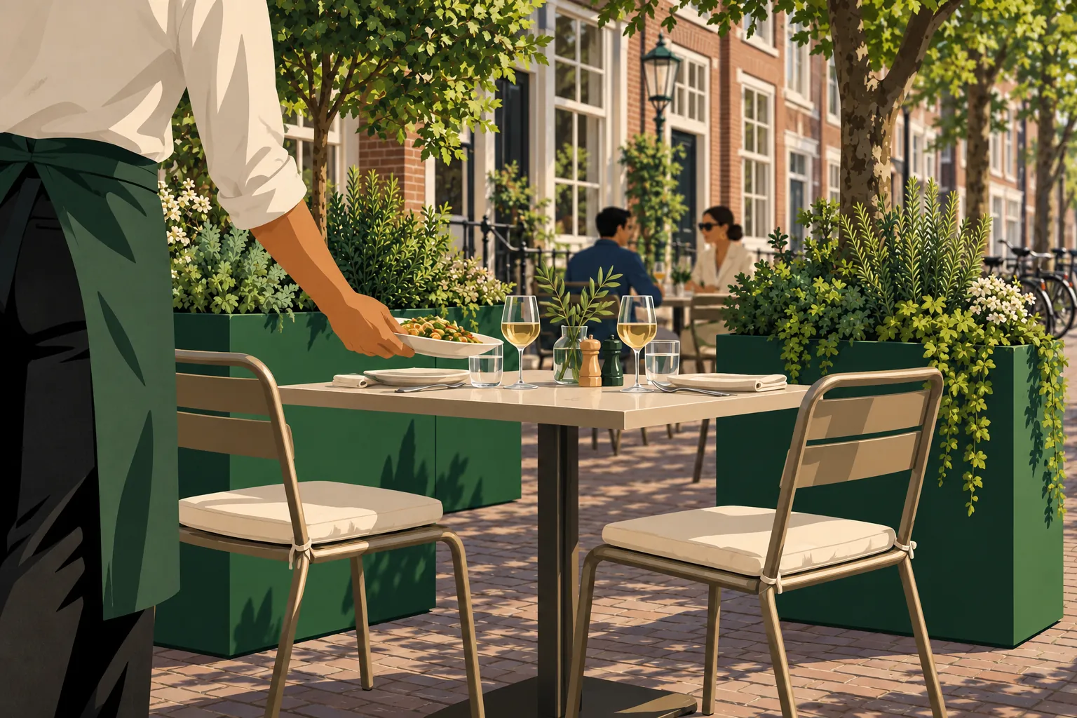 Restaurantterras met gedekte tafel tussen groene bakken