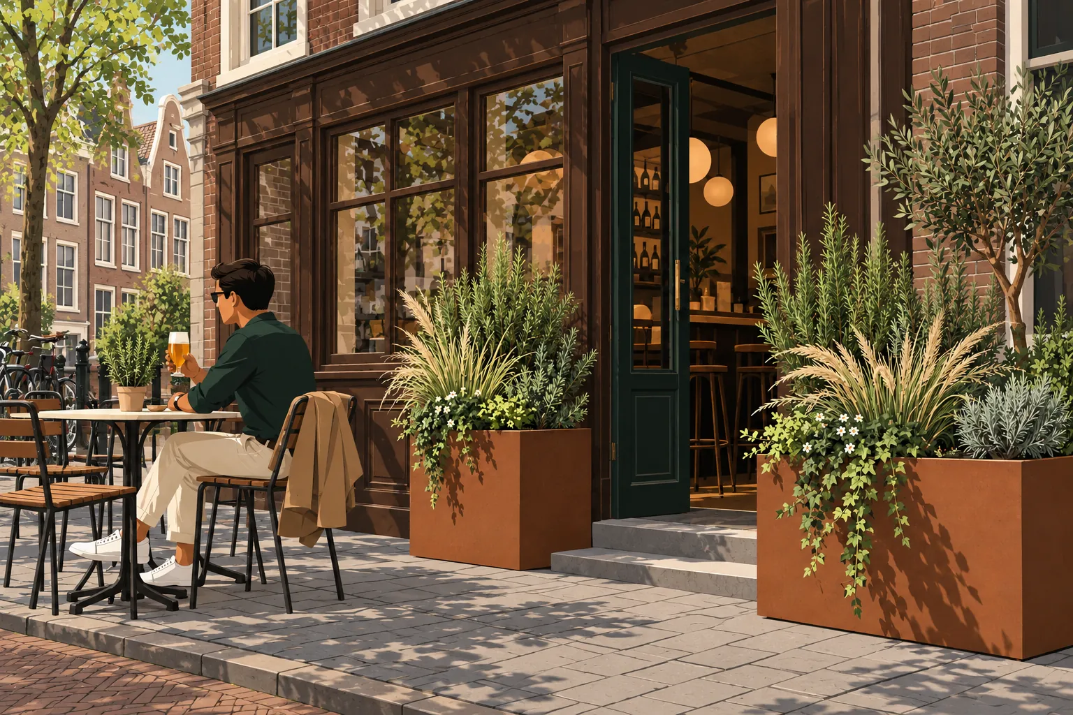 Bruin café met terracotta plantenbakken bij de deur