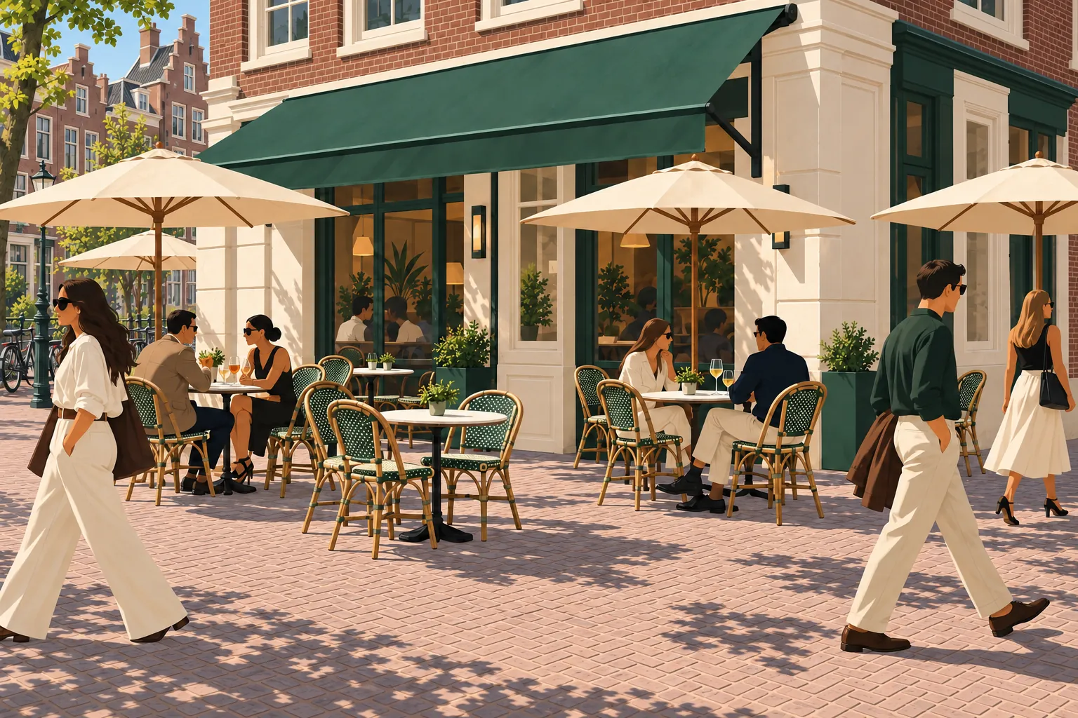Half vol terras met parasols en weinig groen: De Gezellige Belofte