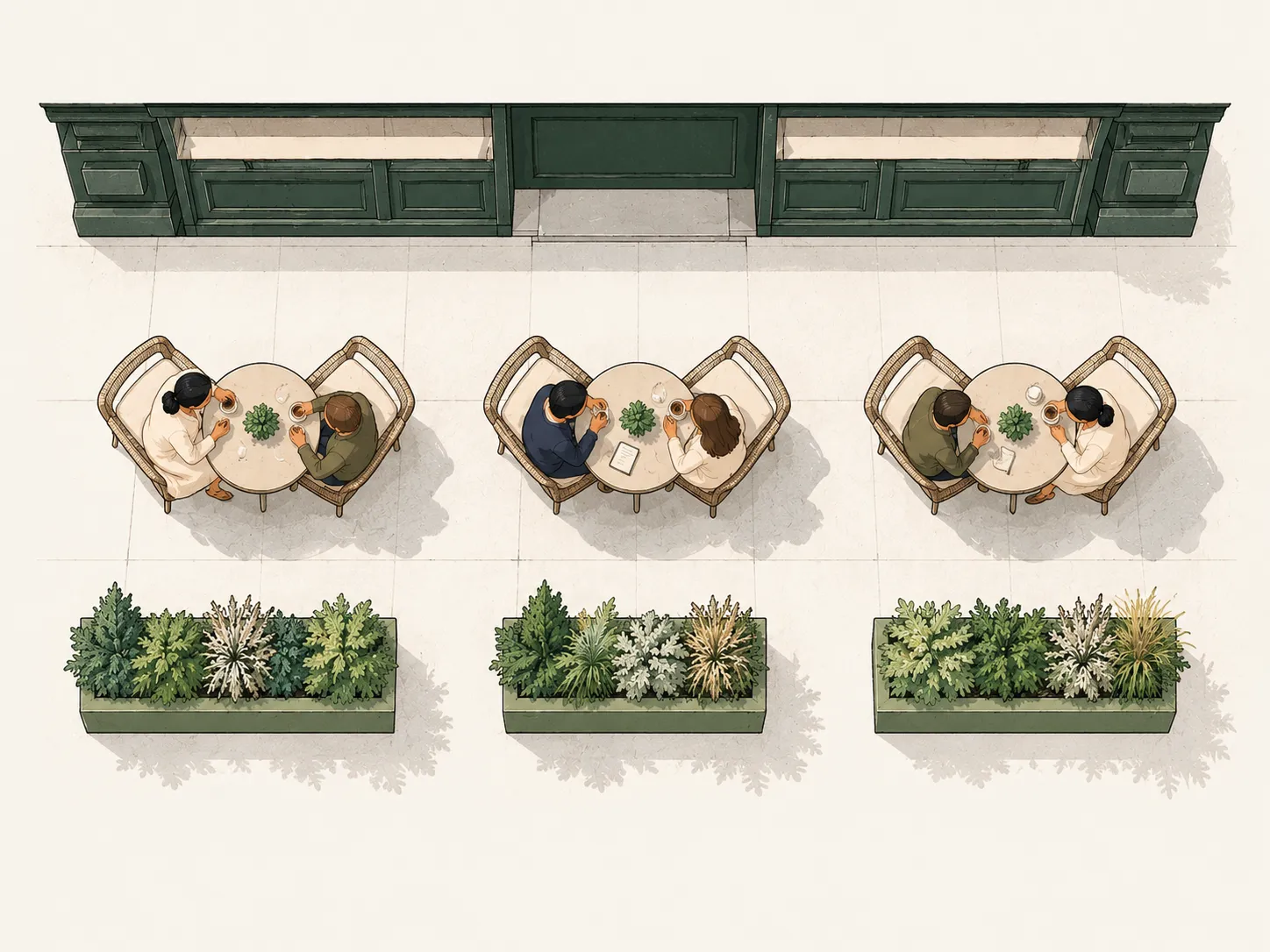 Bovenaanzicht van een smal stoepterras met een rij lage plantenbakken en openingen ertussen