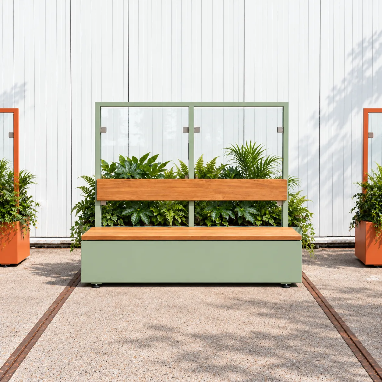 Groene plantenbak met houten zitbank, glazen windscherm en varens tegen een witte gevel
