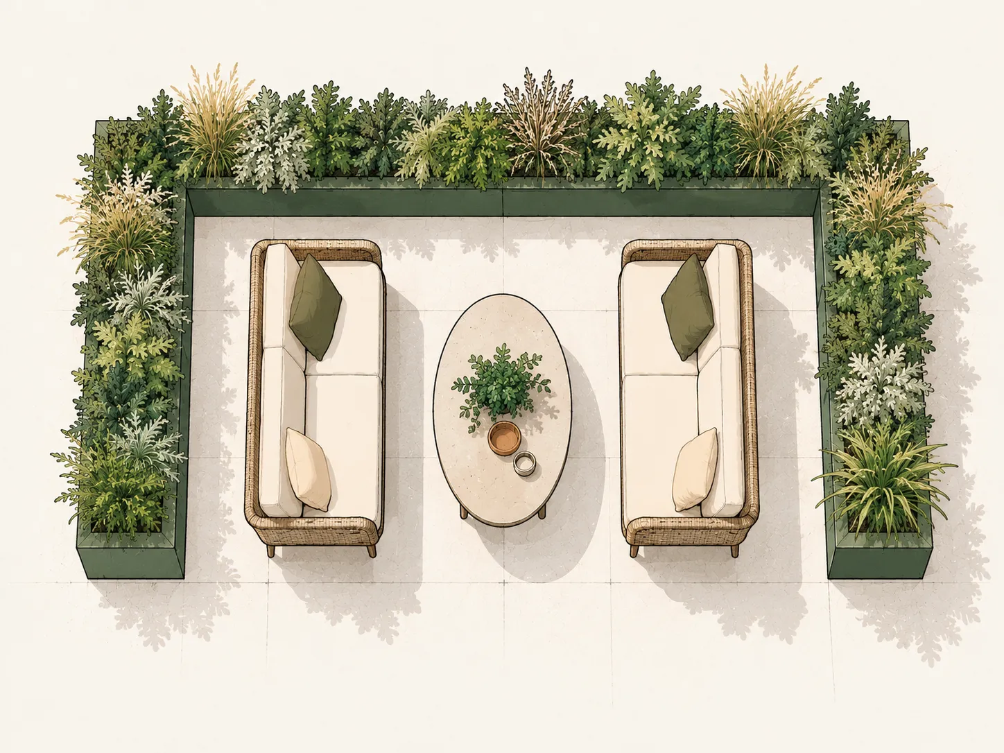 Bovenaanzicht van een lounge met banken rond een lage tafel, omringd door hogere plantenbakken