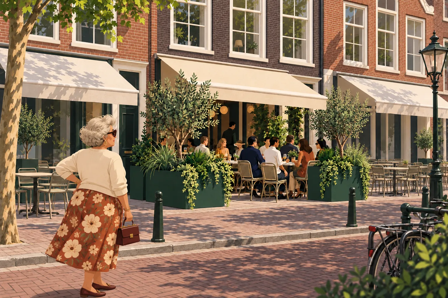 Schoonmoeder kijkt vanaf de overkant naar een vol, groen terras