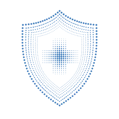 Blue shield icon with a medical cross design formed by pixel squares in the center.