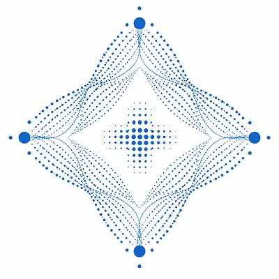 Symmetrical diamond shape formed by blue dots varying in size and connected by curved lines.