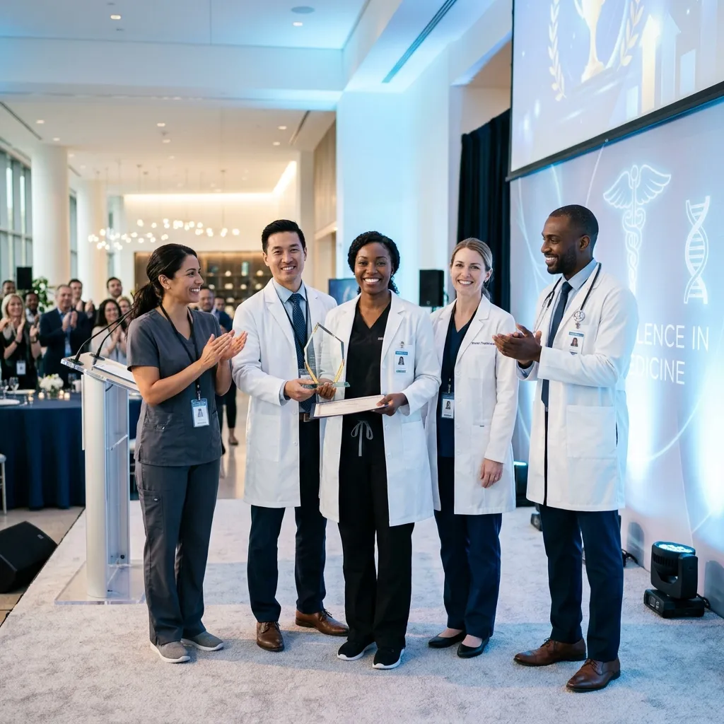 Group of smiling medical professionals applauding a female doctor holding an award in a conference room.