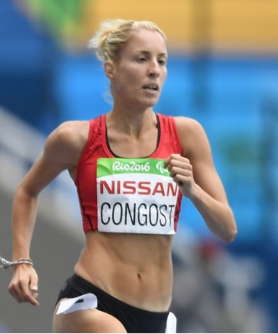 Female athlete Elena Congost running a race at Rio 2016 Paralympic Games.