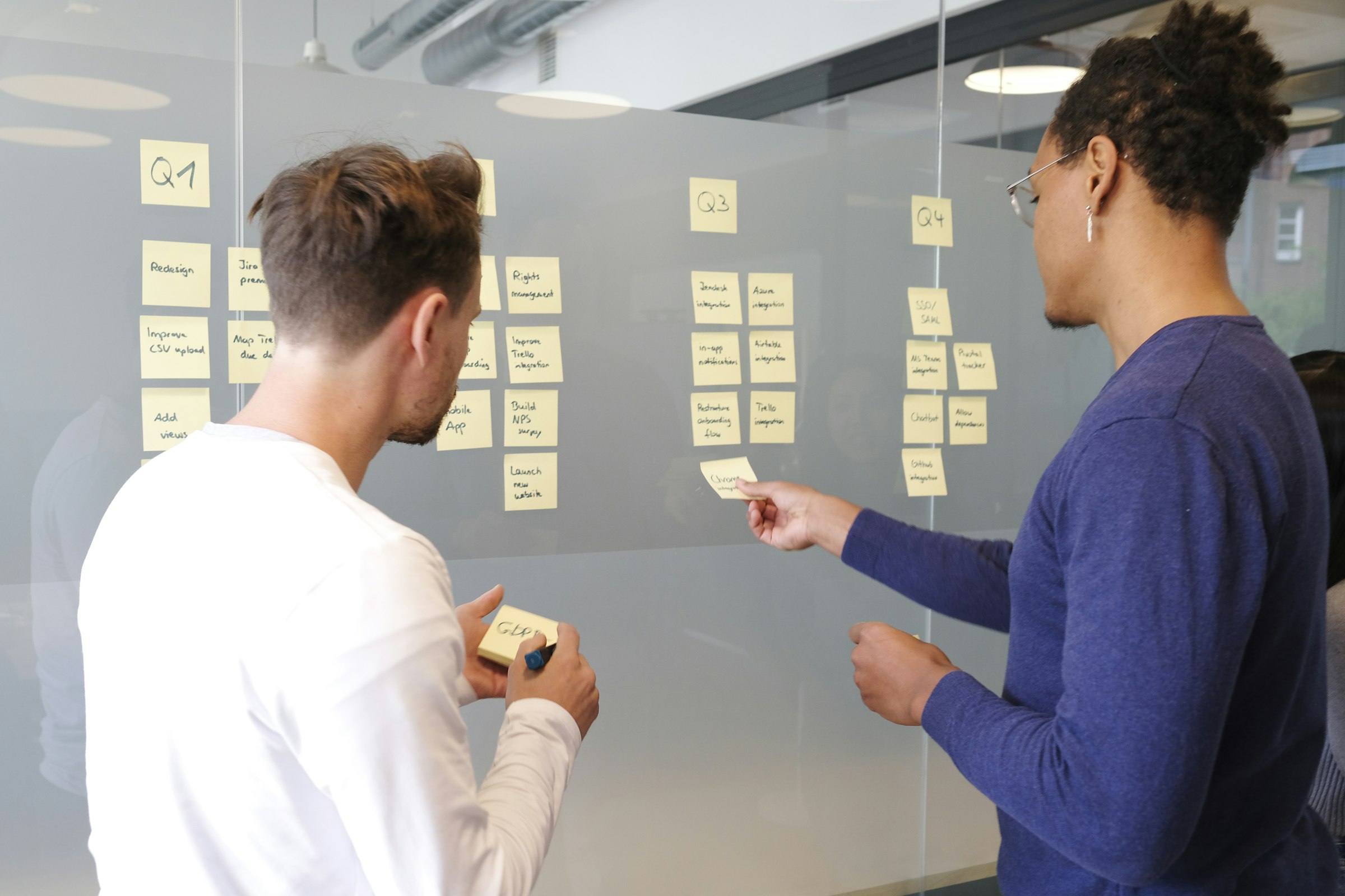 Deux professionnels construisant un plan d’action à l’aide de notes sur un tableau