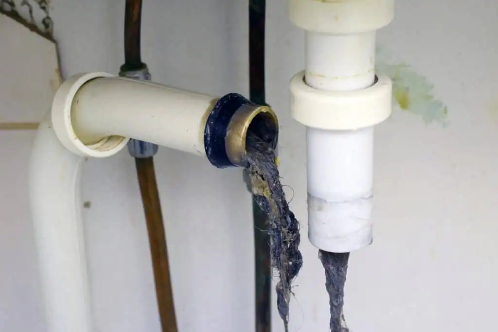 Blocked drain pipe with leaking water from a plumbing inspection.