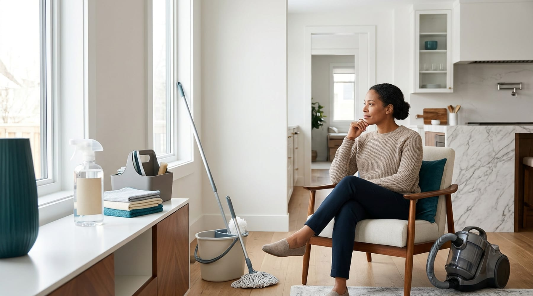 woman sitting on a chair with a smile, in a clean house.