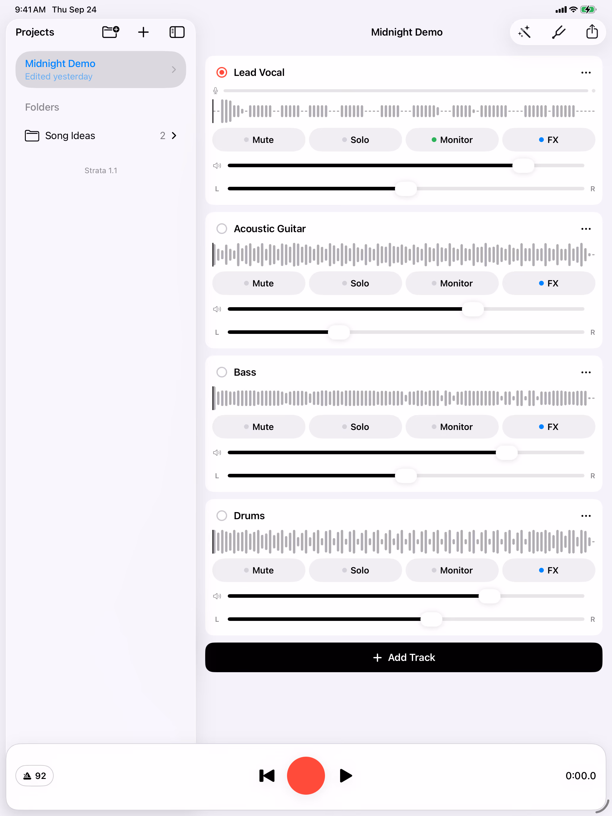 Strata on iPad showing a project with several tracks