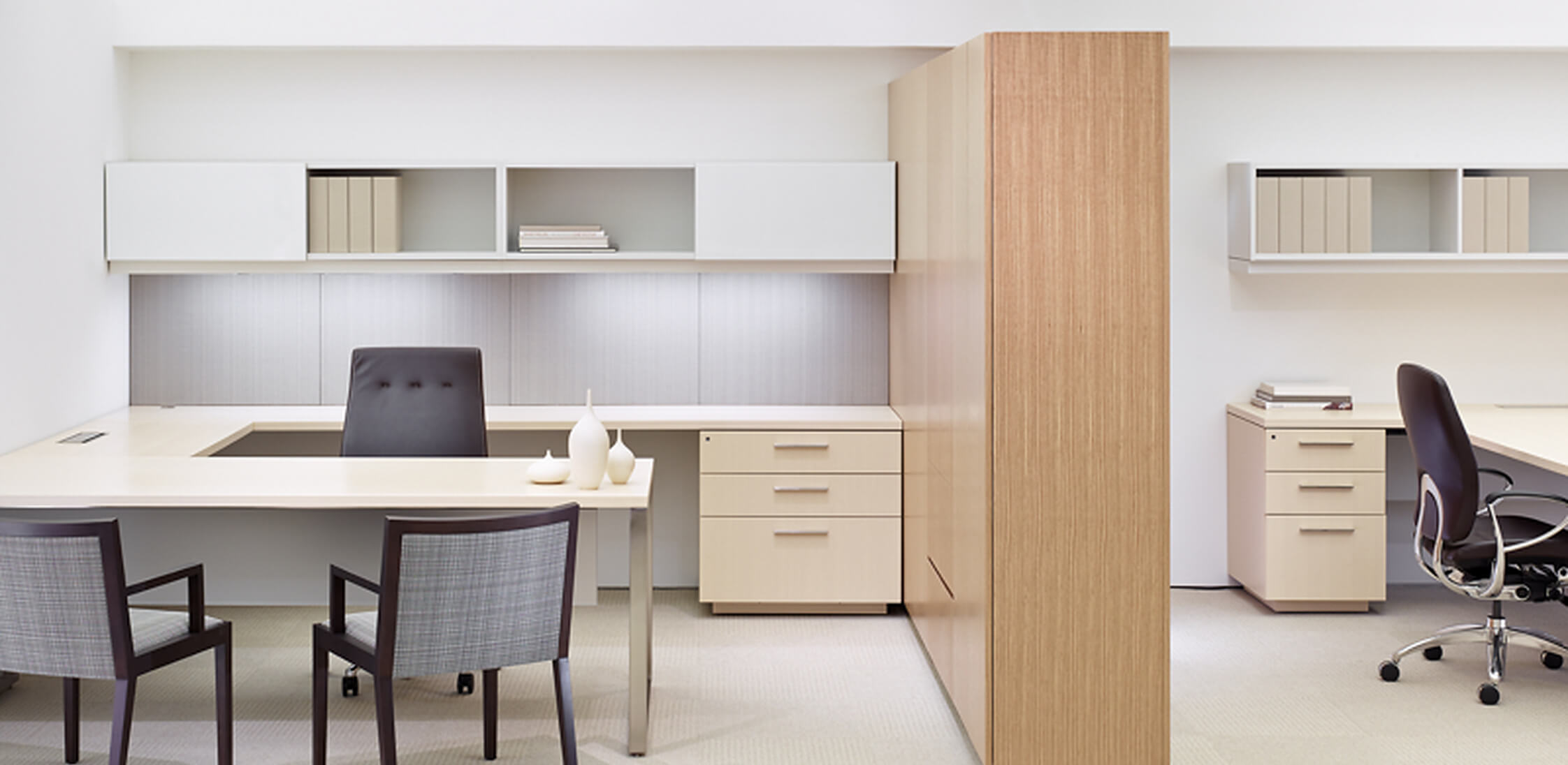 A bright collaborative workspace with custom backpainted glass surfaces and integrated office storage.
