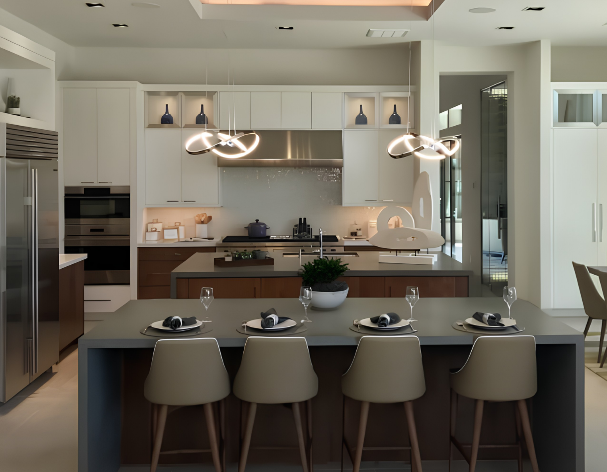 A transitional kitchen featuring AF003 aluminum frame cabinet doors in a brushed stainless finish with satin glass inserts.
