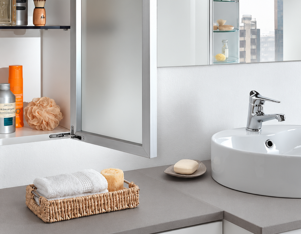 Modern bathroom featuring an aluminum frame glass cabinet door with Salice Air hinges, a sleek vanity, and minimalist finishes.