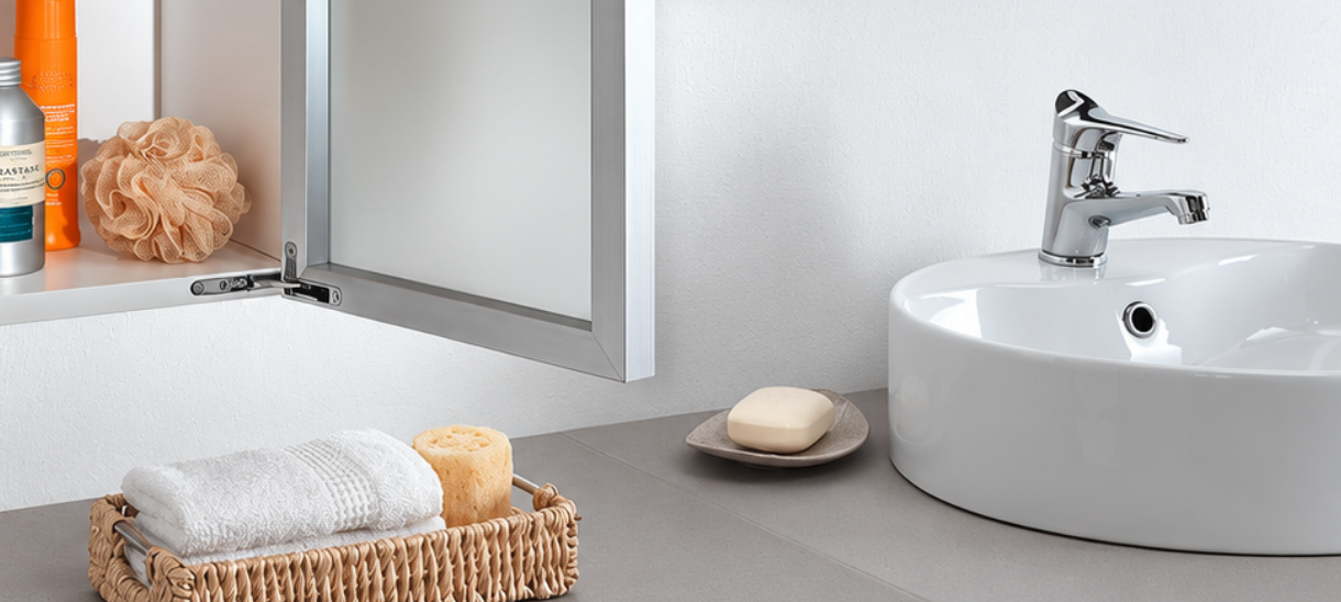 Modern bathroom featuring an aluminum frame glass cabinet door with Salice Air hinges, a sleek vanity, and minimalist finishes.