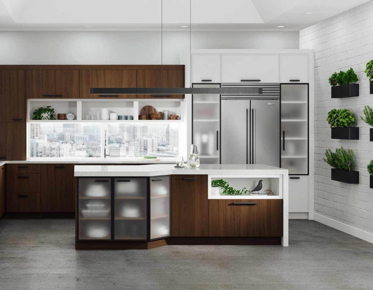 Contemporary walnut and pearl kitchen featuring thin aluminum frame frosted glass cabinet doors, a waterfall island, white countertops, and modern stainless steel appliances.