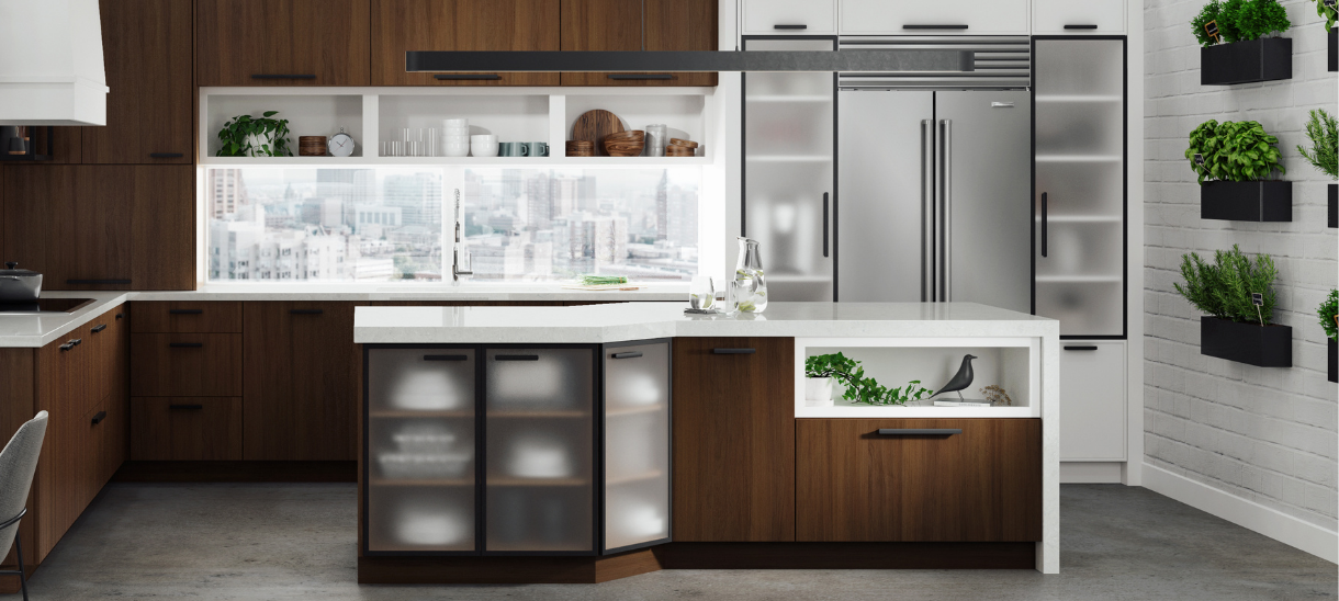 Contemporary walnut and pearl kitchen featuring thin aluminum frame frosted glass cabinet doors, a waterfall island, white countertops, and modern stainless steel appliances.