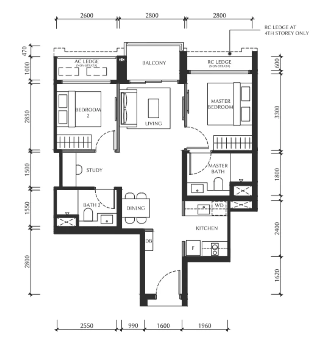 The Serra Residences 2 Bedroom + Study floor plan