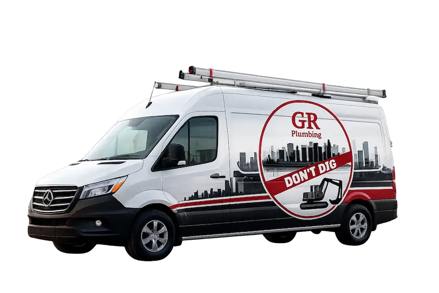 White Mercedes-Benz van with GR Plumbing logo, city skyline graphic, and message 'DON'T DIG' on side, equipped with roof ladders.