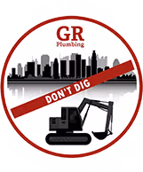 GR Plumbing logo with city skyline, excavator, and red banner reading 'DON'T DIG'.