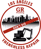 Logo for GR Plumbing featuring Los Angeles skyline, an excavator, and text 'Don't Dig' emphasizing trenchless repair.