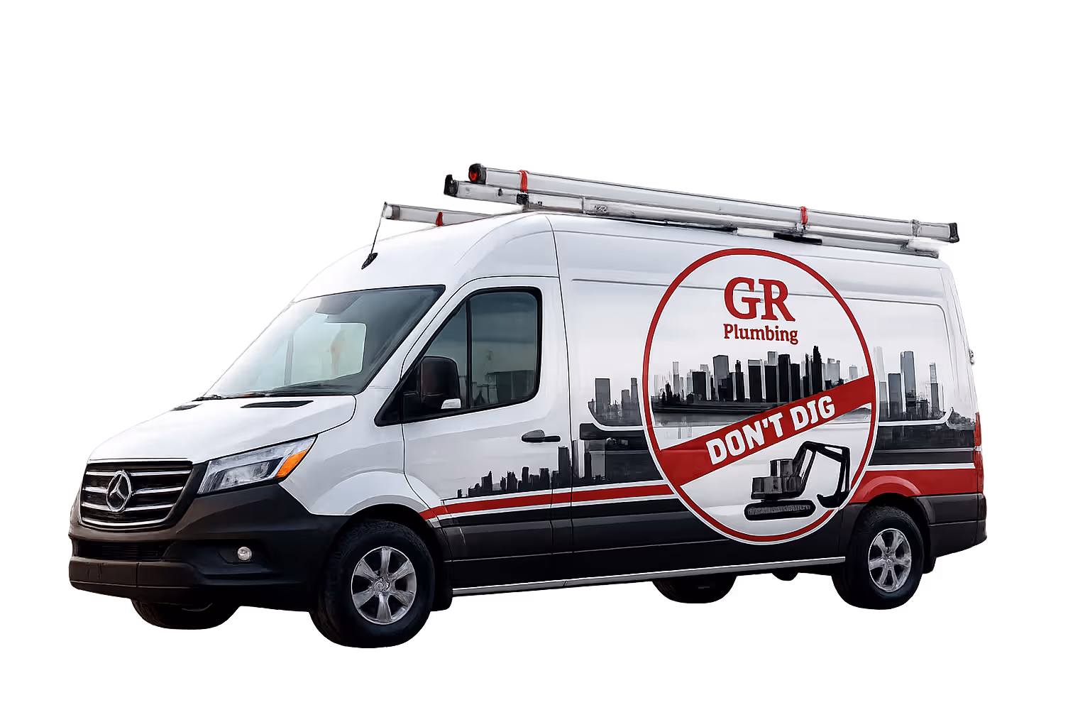 White Mercedes-Benz plumbing service van with ladder on top and GR Plumbing logo featuring city skyline and 'Don't Dig' slogan.