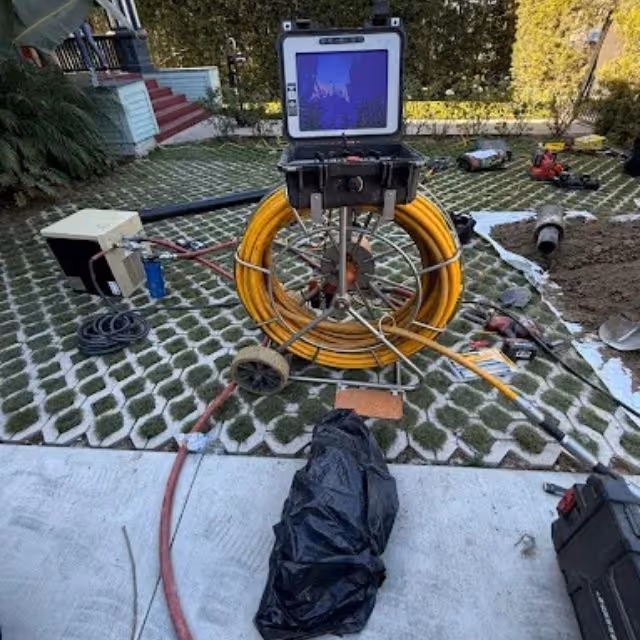 Sewer camera inspection system with monitor and cable reel for drain diagnostics.