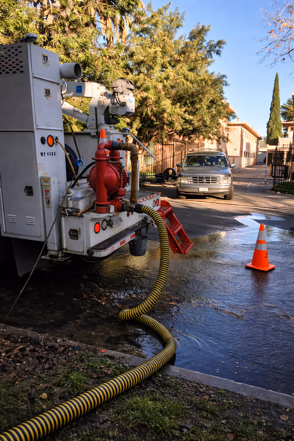Vacuum truck cleaning a residential sewer line with safety cone in place.