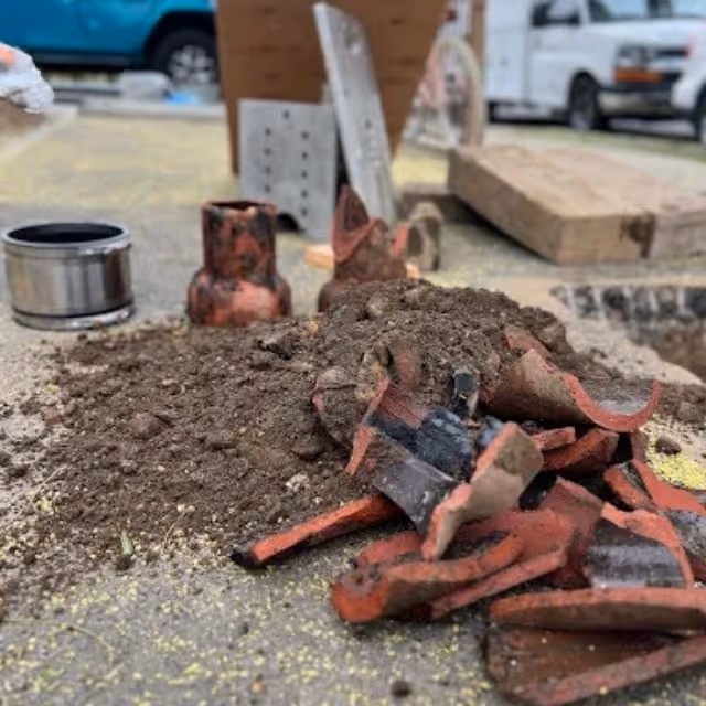 Excavation debris and plumbing fittings during underground sewer line repair.