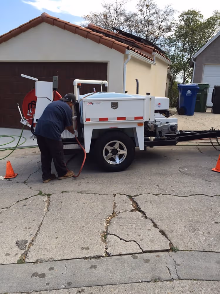 Technician operating vacuum truck equipment for residential sewer cleaning service.