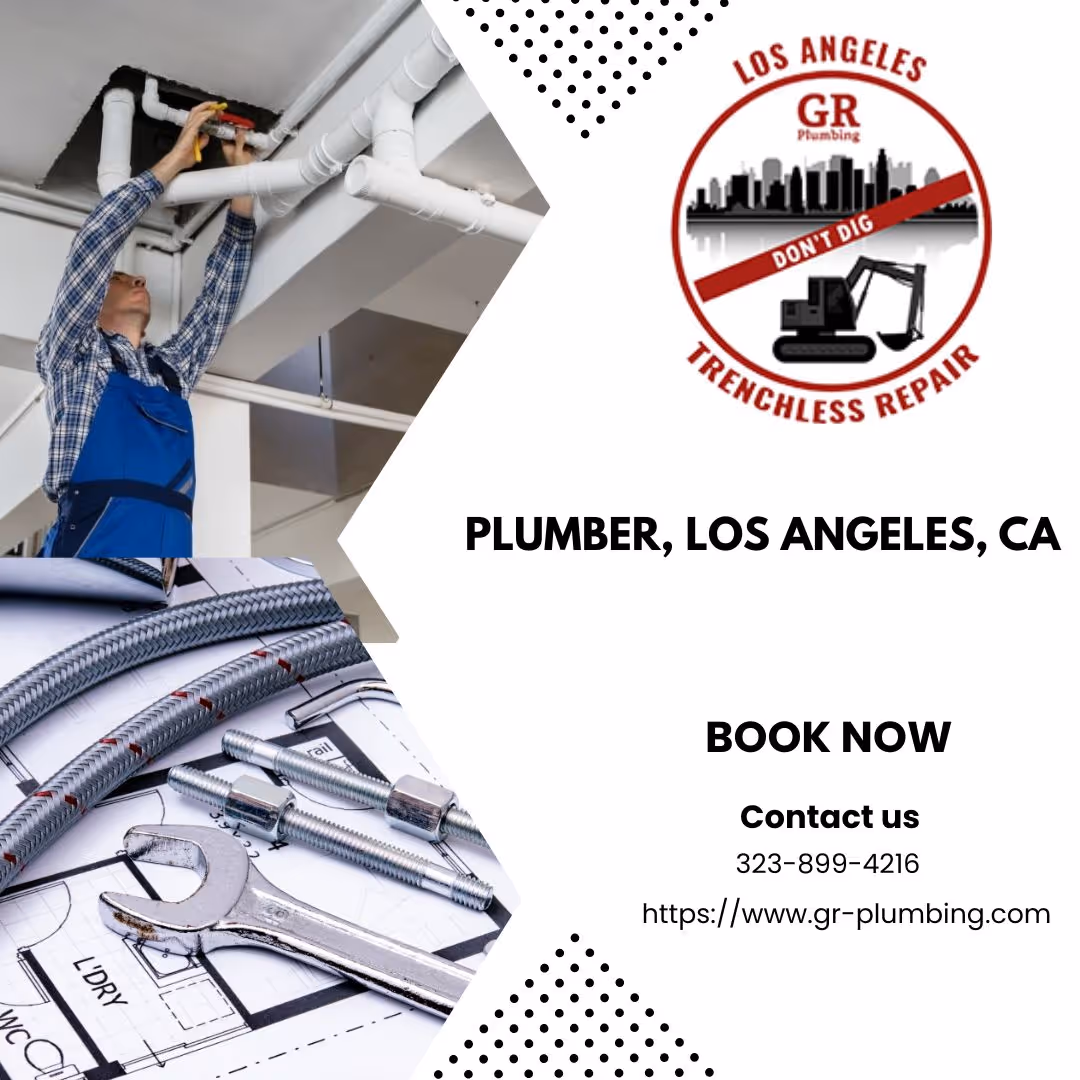 Plumber in blue overalls fixing ceiling pipes and plumbing tools on blueprints next to GR Plumbing logo.