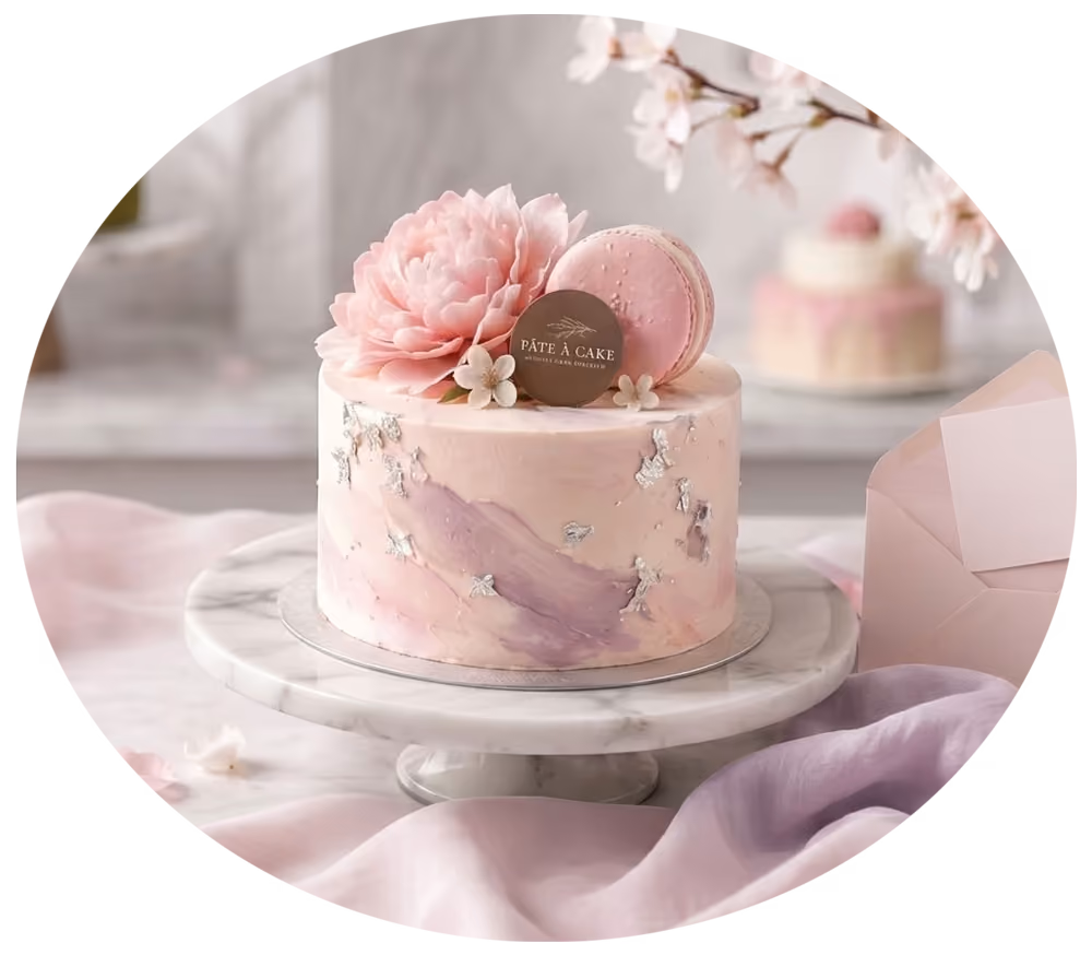 Pink frosted cake with silver accents, a large flower, macaron, and Pâte à Cake logo on a marble stand.