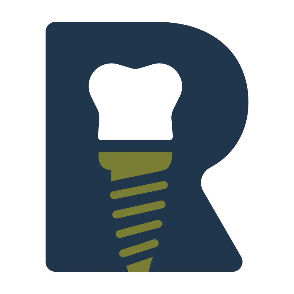 Blue letter R with an olive green dental implant screw shape inside the letter.