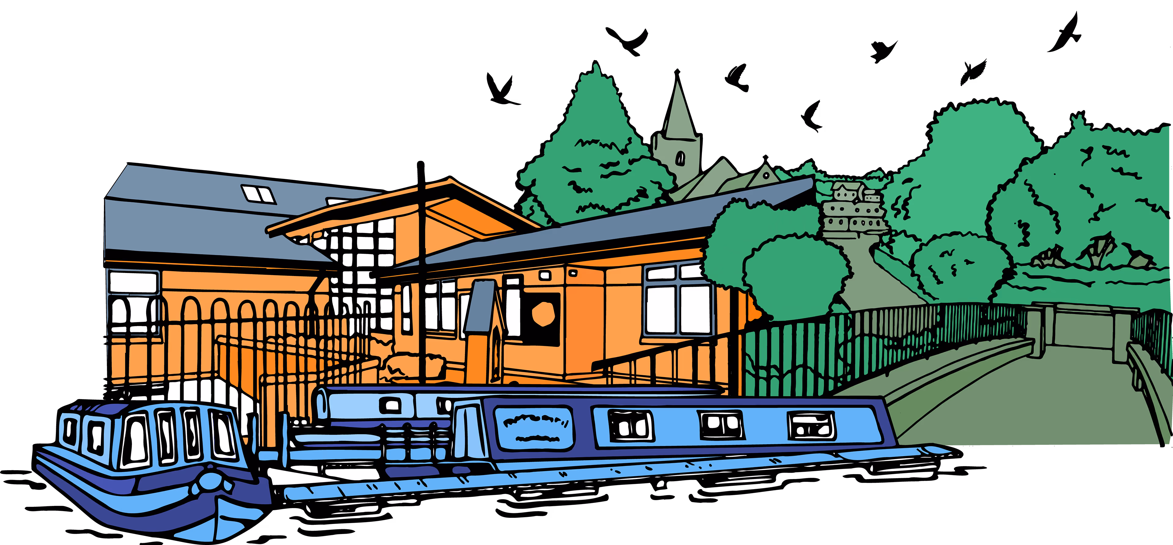 Illustrated mural of Staverton School with an orange building beside a canal, two moored blue narrowboats, trees, a church spire, and birds overhead.