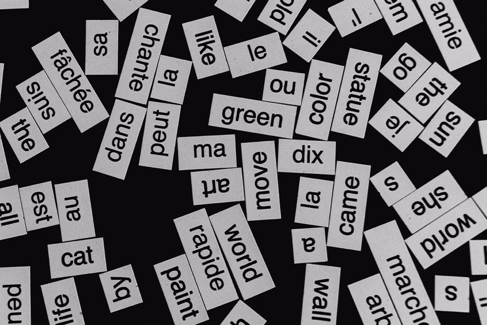 Scattered word cards mixing English and French vocabulary, used for language learning.